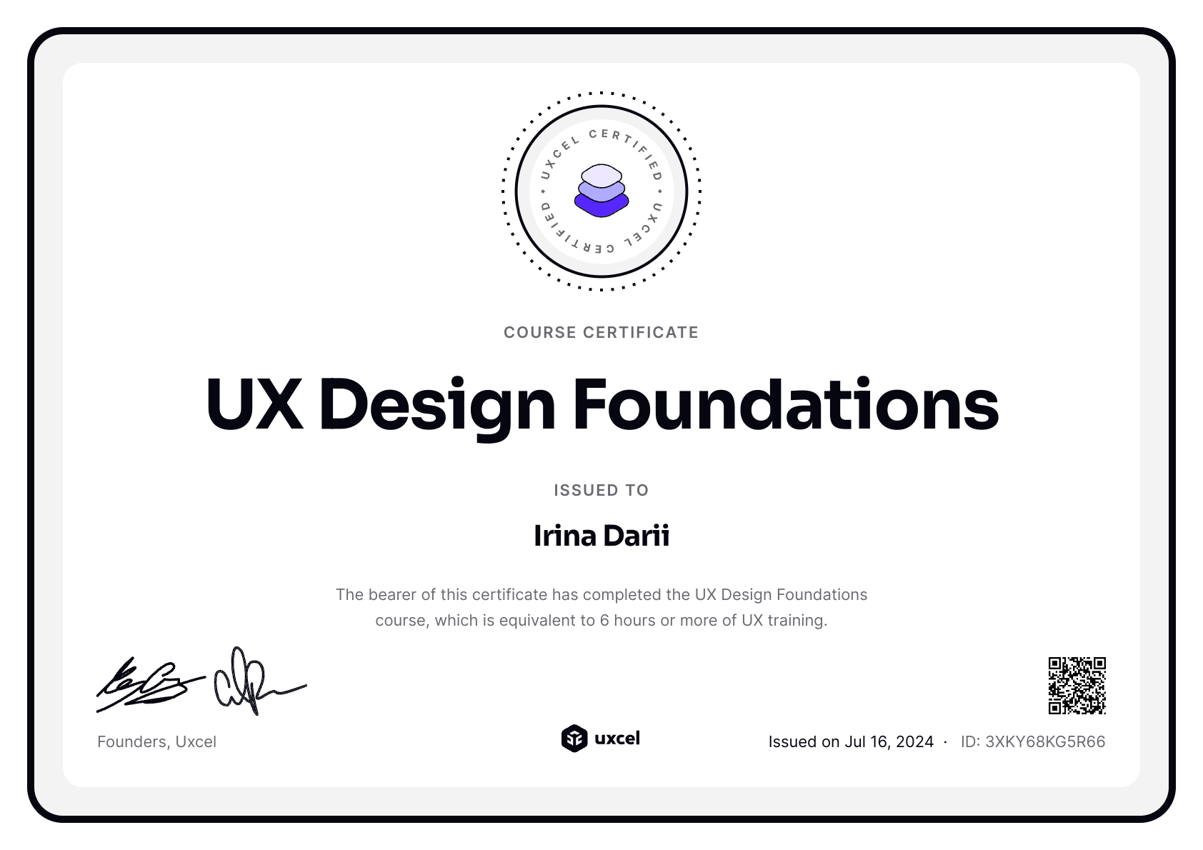 Irina Darii's certificate